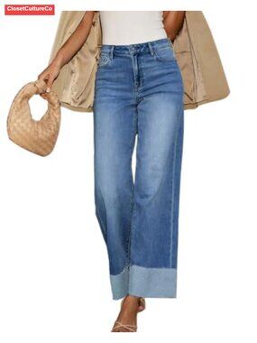 High Waisted Wide Leg Cuffed Jeans Frayed Raw Hem Stretch Denim Pants
